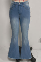 Summer Side Rivet Skinny Jeans Women High Waist Wash Frayed Flared Pants Slimming Stretch Trousers