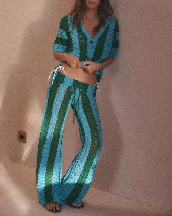 Women Clothing Striped Knitted Polo Shirt Striped Knitted Trousers Two Piece Sets