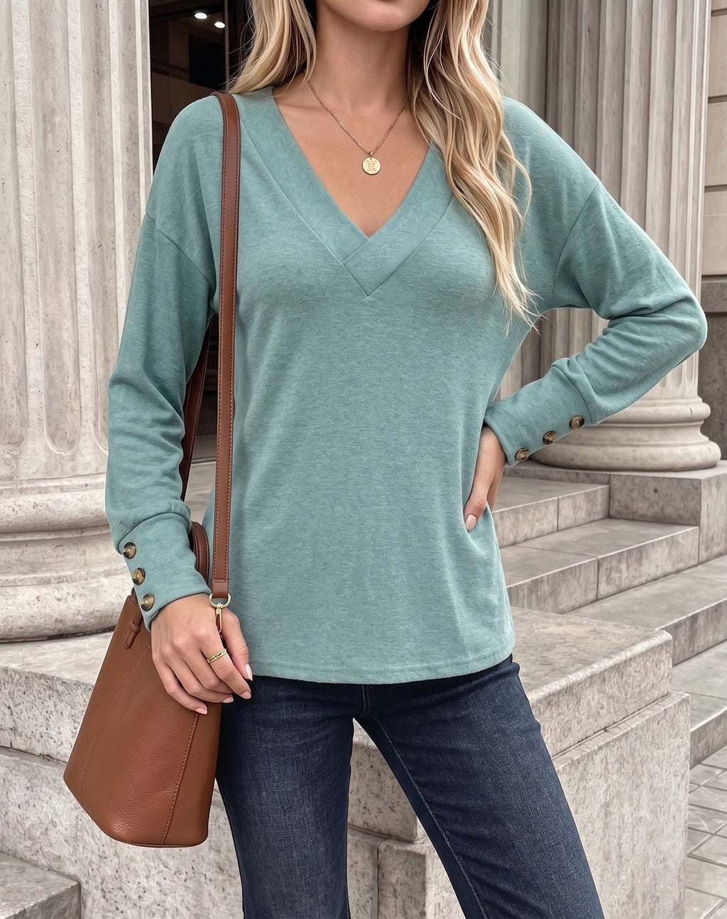 Autumn Winter Solid Color V neck Loose Button Long Sleeve T