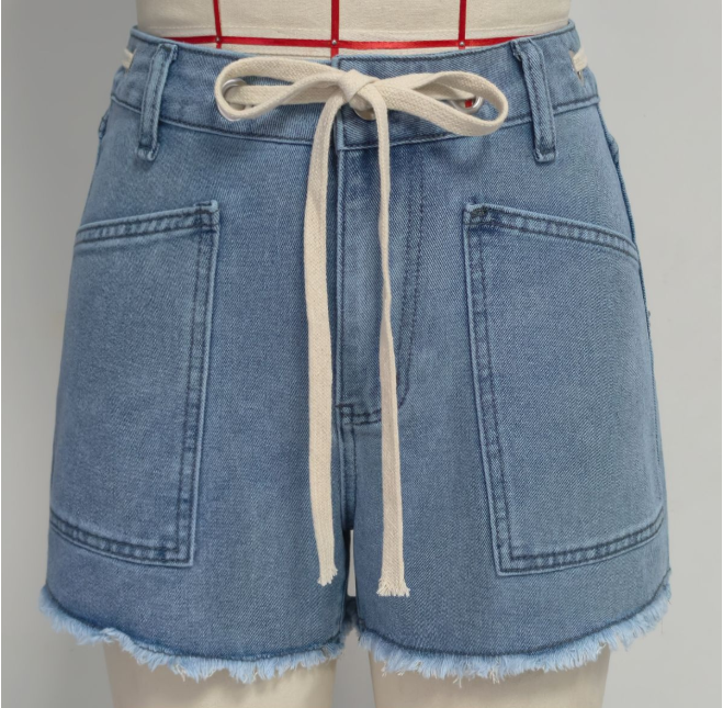 High Waist Drawstring Raw Edge Denim Shorts Women Summer Retro Washed Large Pocket Pants