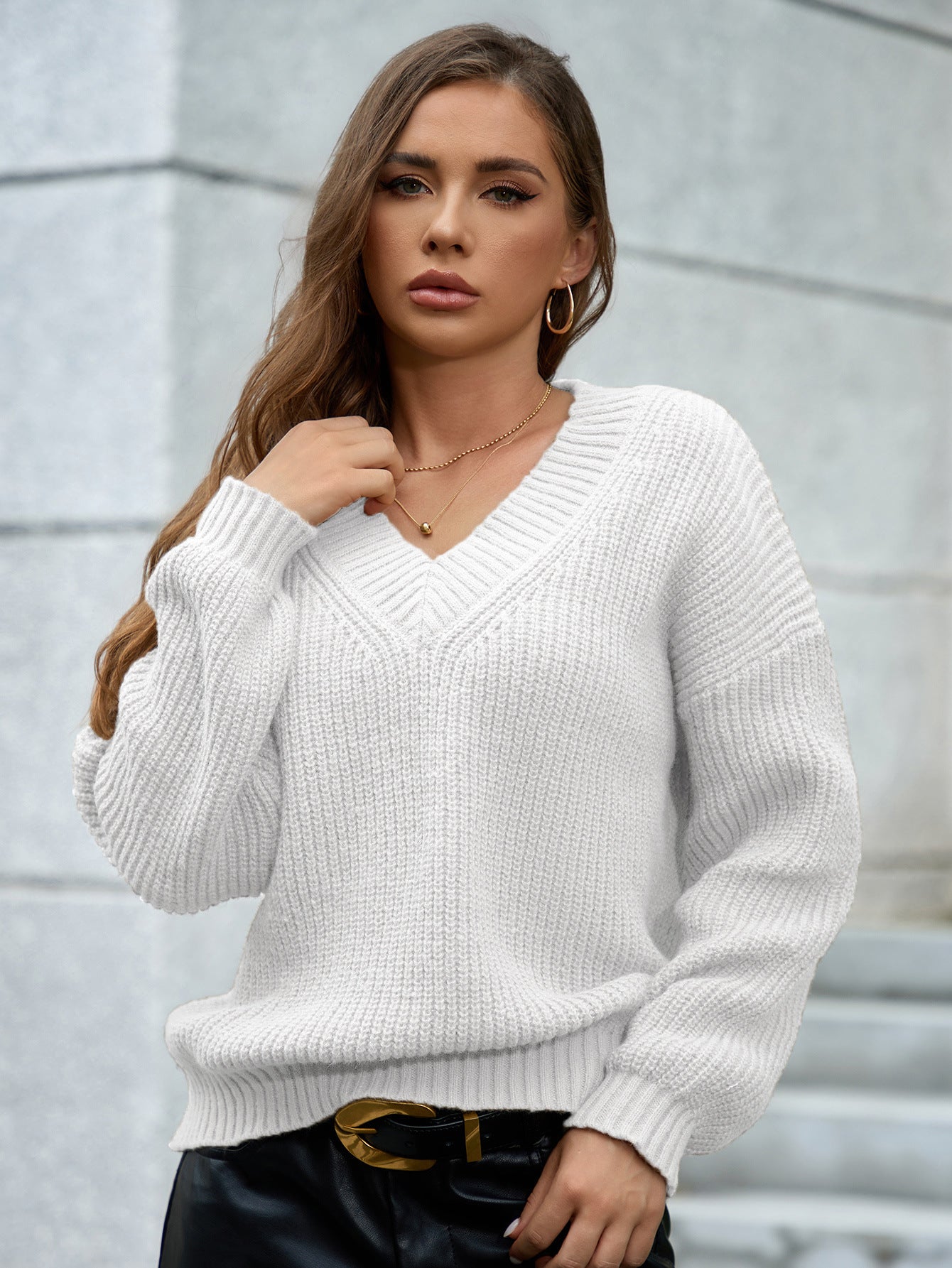 V neck Pullover Long Sleeve Sweater Women Clothing
