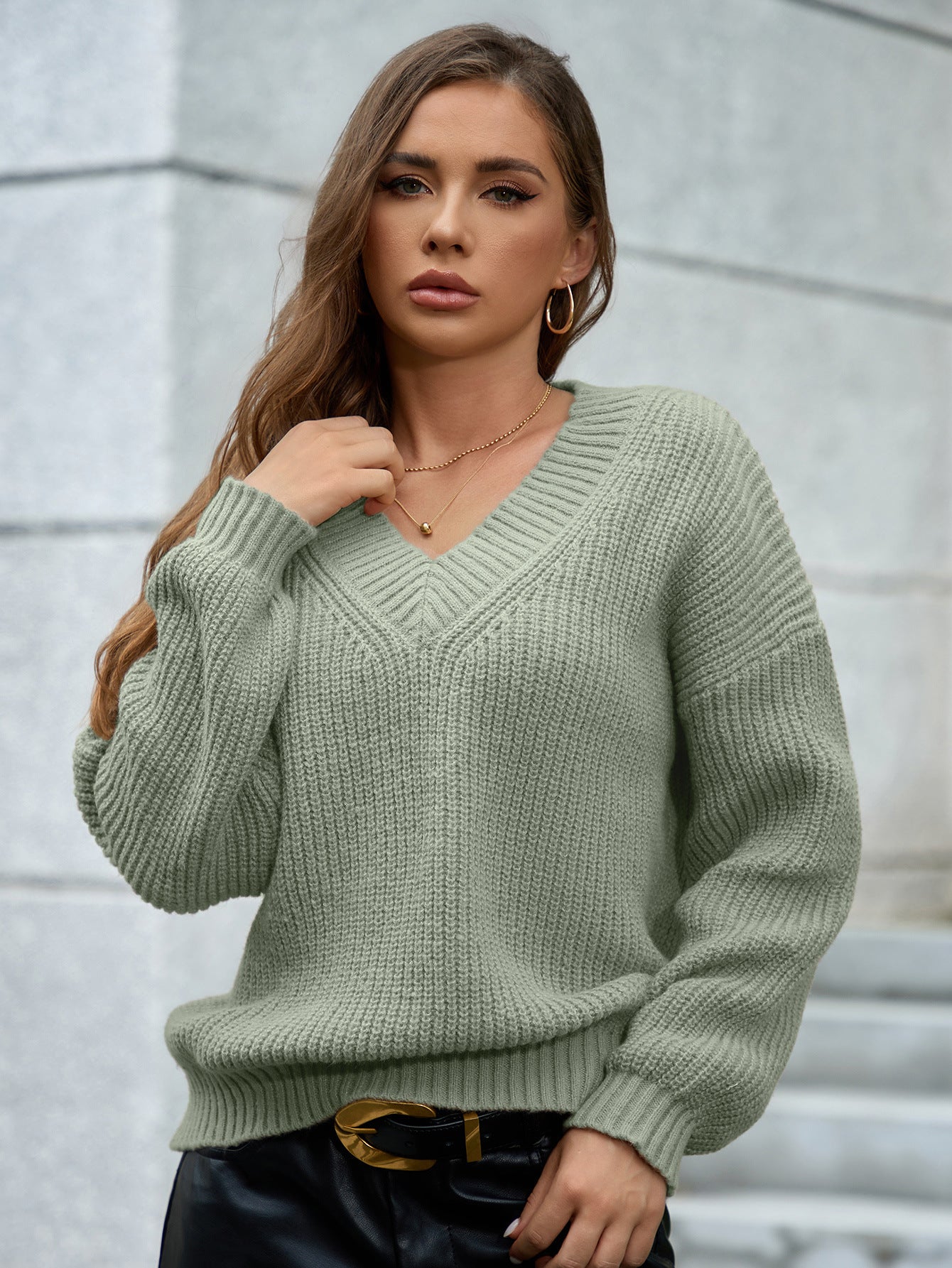 V neck Pullover Long Sleeve Sweater Women Clothing