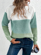 Contrast Color Pullover Knitted Long Sleeve Sweater Women