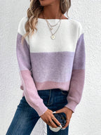 Contrast Color Pullover Knitted Long Sleeve Sweater Women