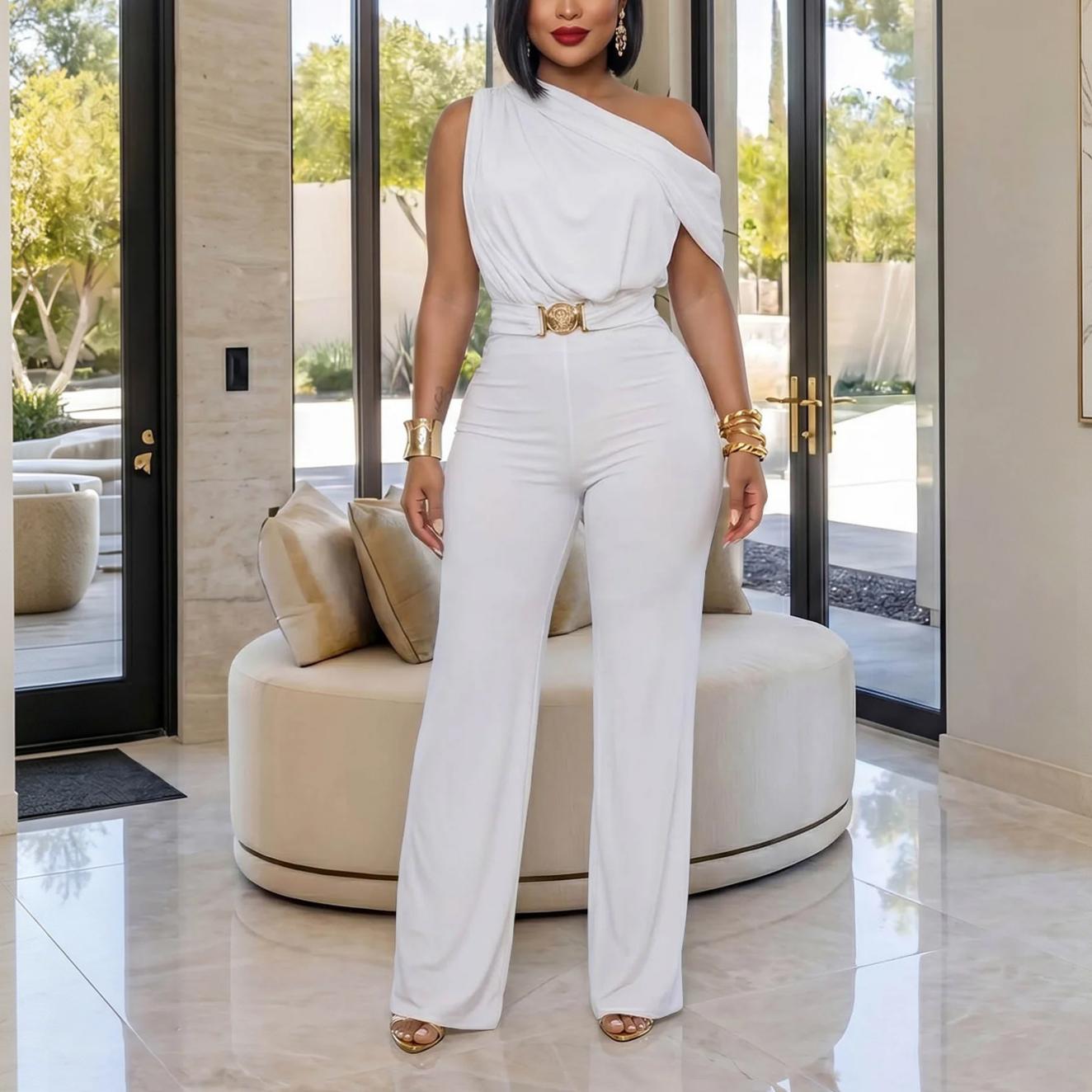 Women Wear Elegant Shoulder Belt Solid Color Jumpsuit