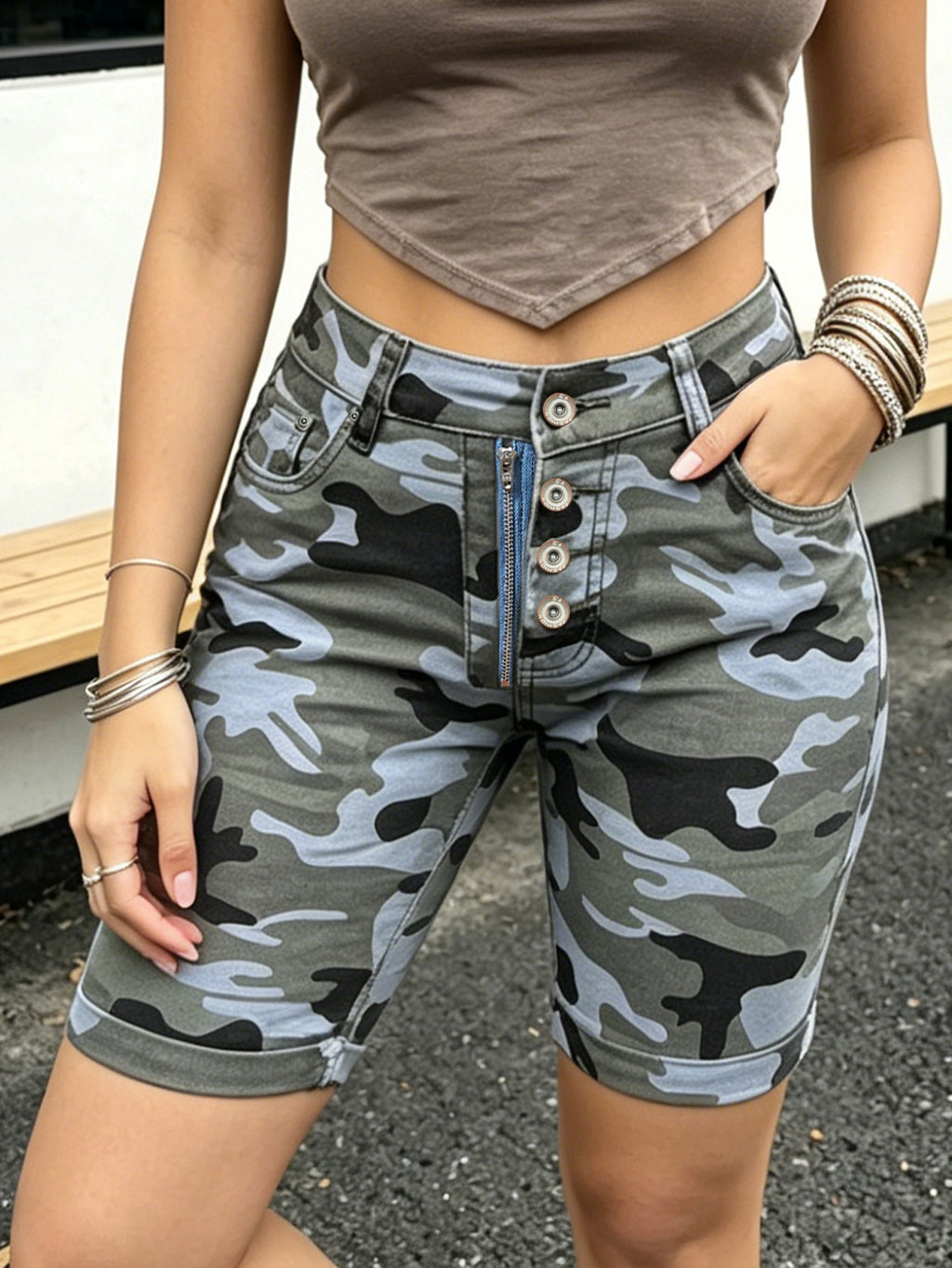 Retro Camouflage HW Cropped Denim Shorts Women Multi
