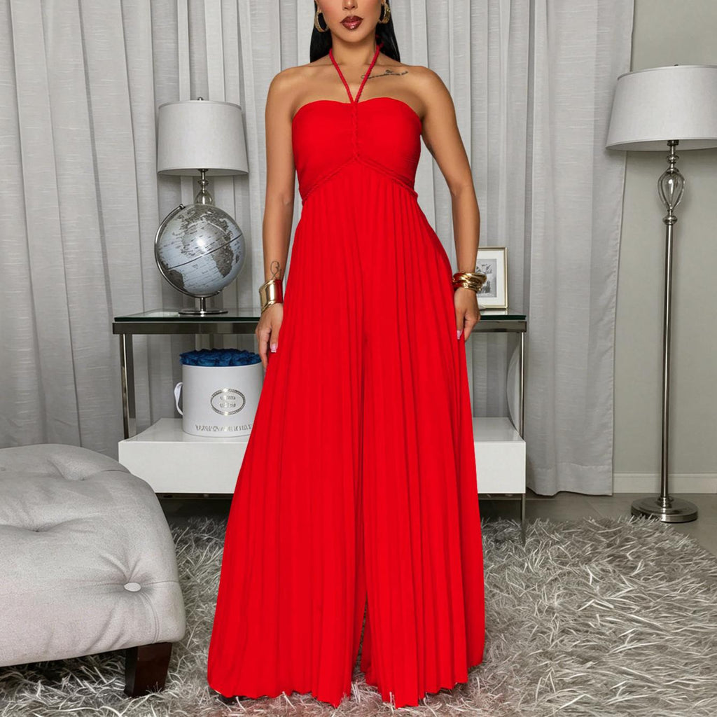 Women Summer Vacation Pleated Wide Leg Jumpsuit