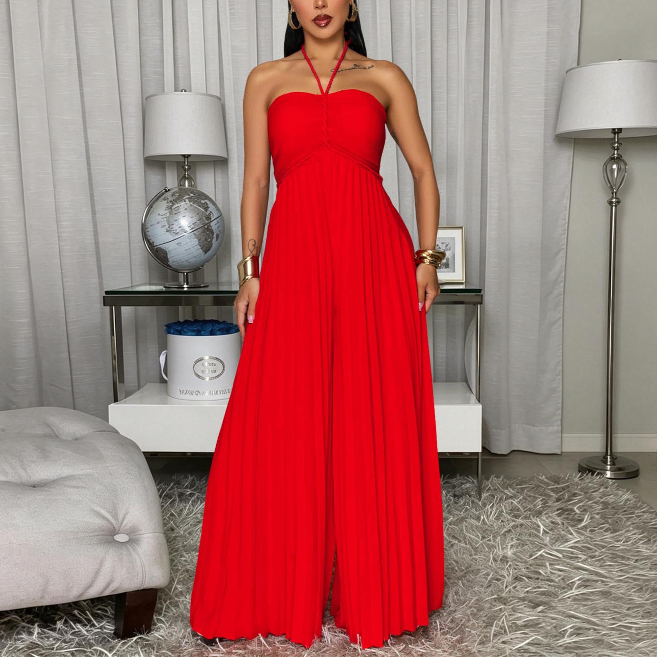 Women Summer Vacation Pleated Wide Leg Jumpsuit