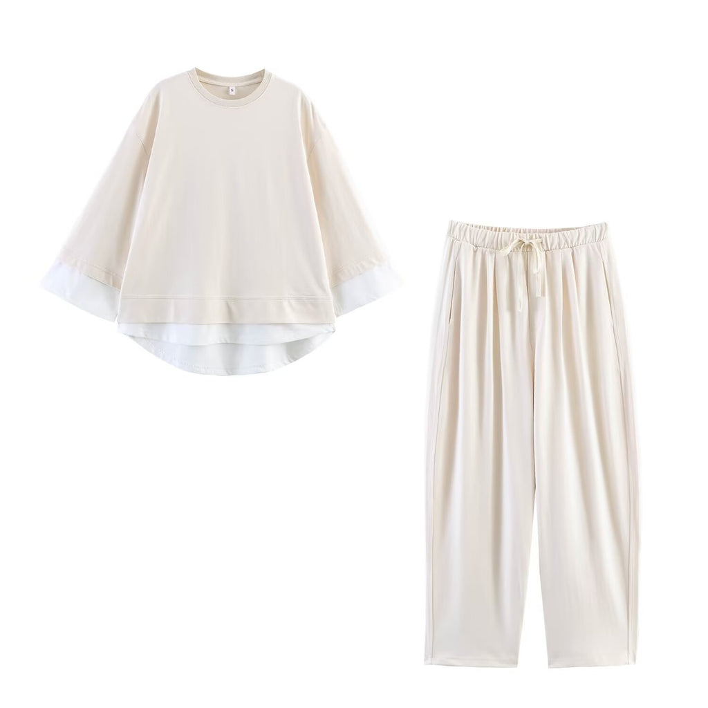 Women Clothing Summer Long Sleeve Patchwork Sweater Balloon Pants Sets