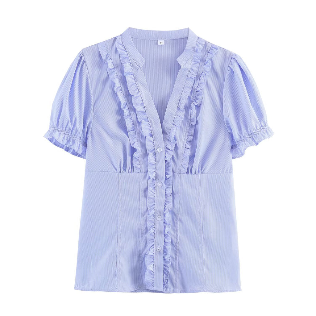 Women Clothing Summer Puff Sleeve V neck Laminated Decoration Poplin Shirt Short Sleeve