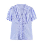 Women Clothing Summer Puff Sleeve V neck Laminated Decoration Poplin Shirt Short Sleeve