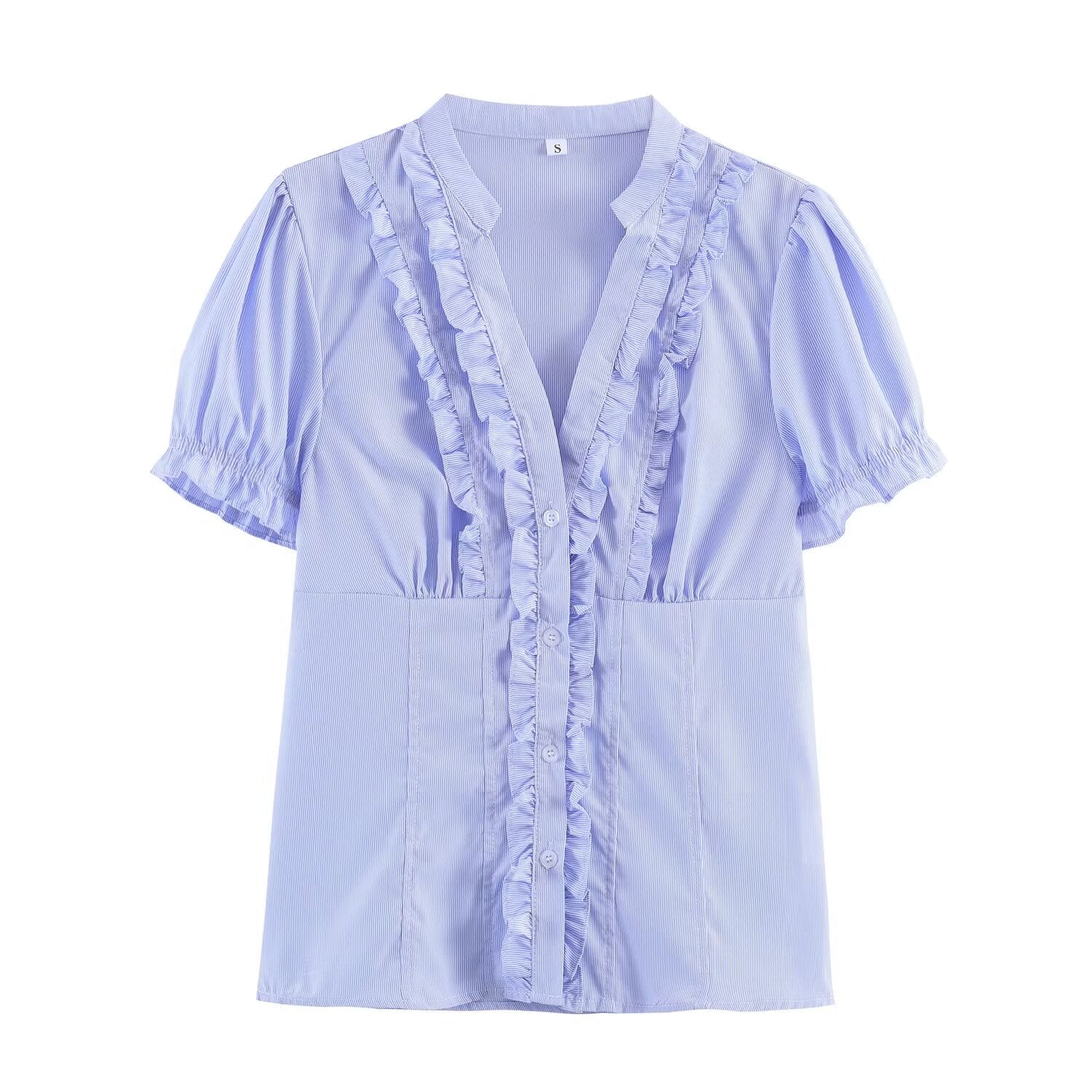 Women Clothing Summer Puff Sleeve V neck Laminated Decoration Poplin Shirt Short Sleeve