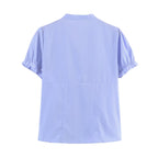 Women Clothing Summer Puff Sleeve V neck Laminated Decoration Poplin Shirt Short Sleeve