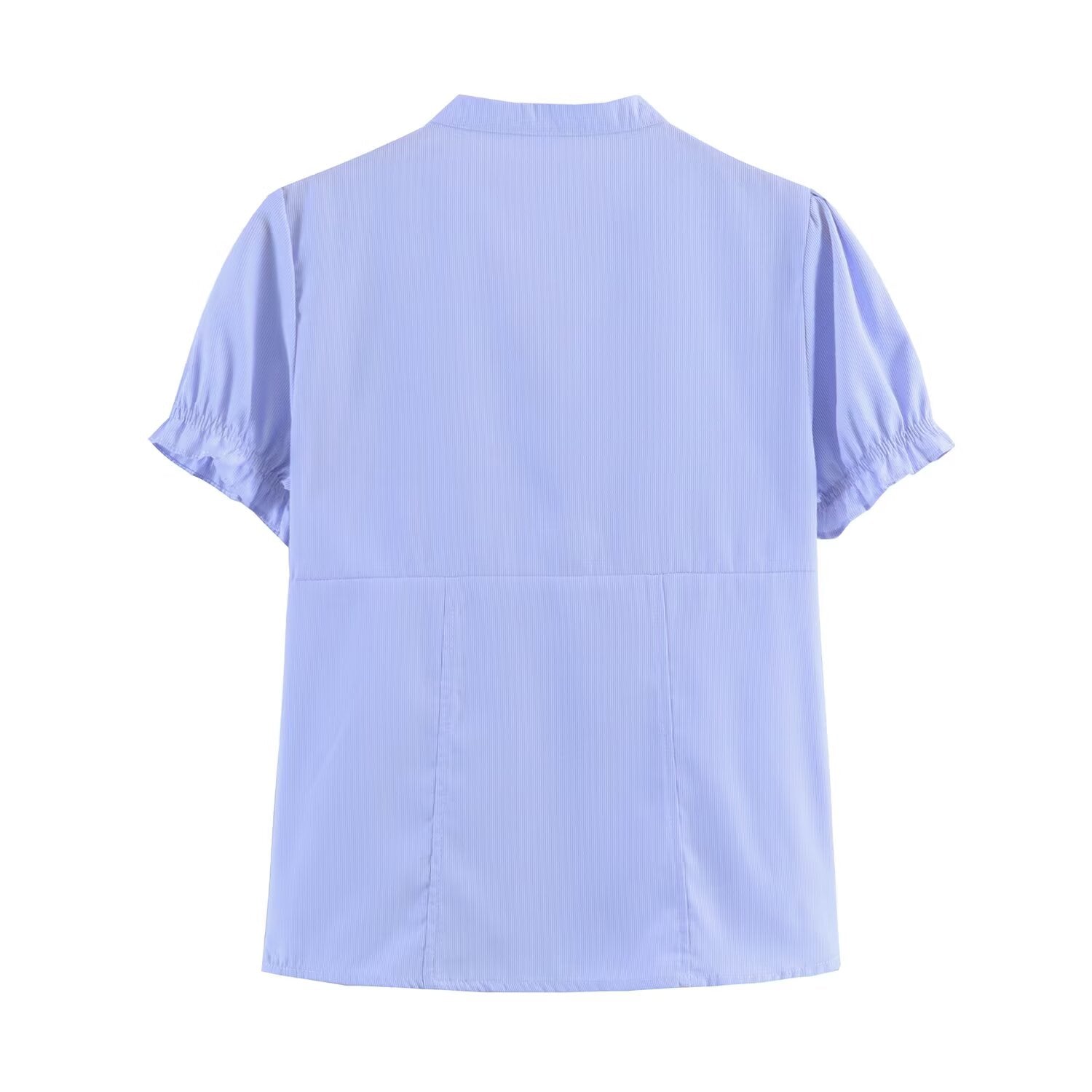 Women Clothing Summer Puff Sleeve V neck Laminated Decoration Poplin Shirt Short Sleeve