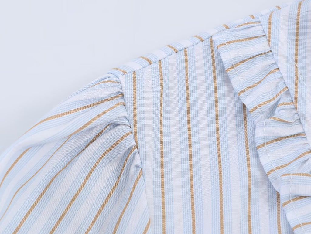 Women Clothing Summer Puff Sleeve V neck Laminated Decoration Poplin Shirt Short Sleeve