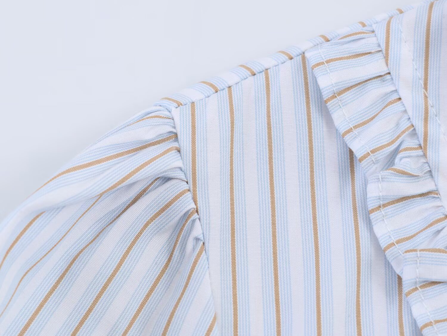 Women Clothing Summer Puff Sleeve V neck Laminated Decoration Poplin Shirt Short Sleeve
