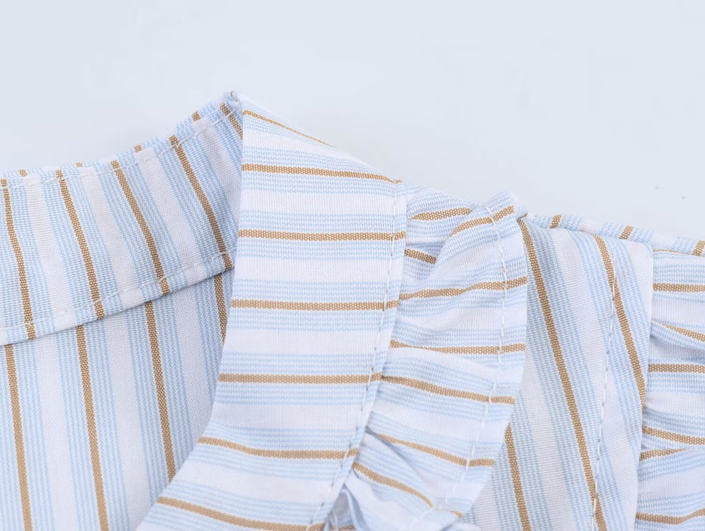 Women Clothing Summer Puff Sleeve V neck Laminated Decoration Poplin Shirt Short Sleeve