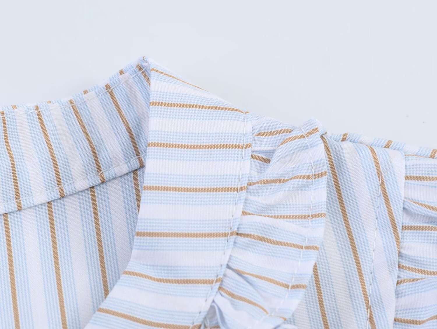 Women Clothing Summer Puff Sleeve V neck Laminated Decoration Poplin Shirt Short Sleeve