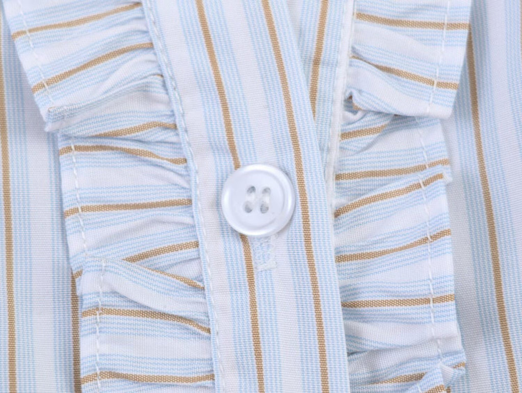 Women Clothing Summer Puff Sleeve V neck Laminated Decoration Poplin Shirt Short Sleeve
