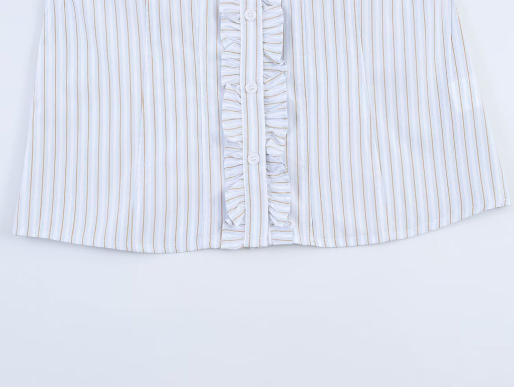 Women Clothing Summer Puff Sleeve V neck Laminated Decoration Poplin Shirt Short Sleeve