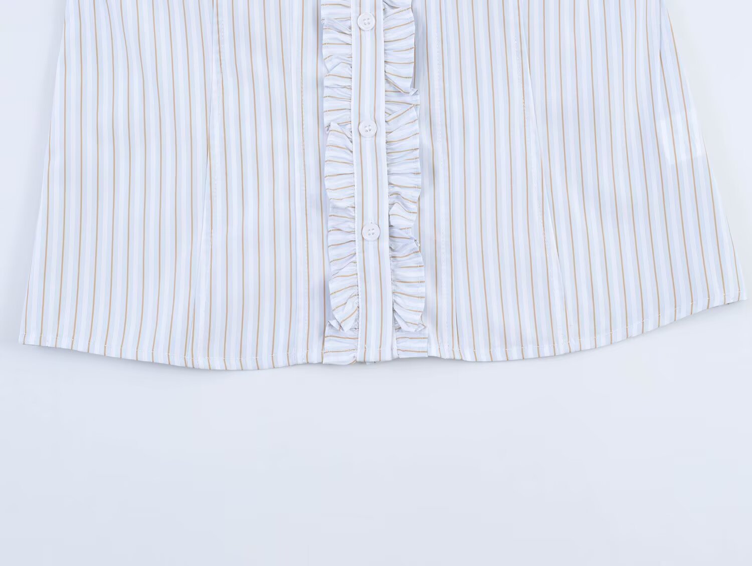 Women Clothing Summer Puff Sleeve V neck Laminated Decoration Poplin Shirt Short Sleeve