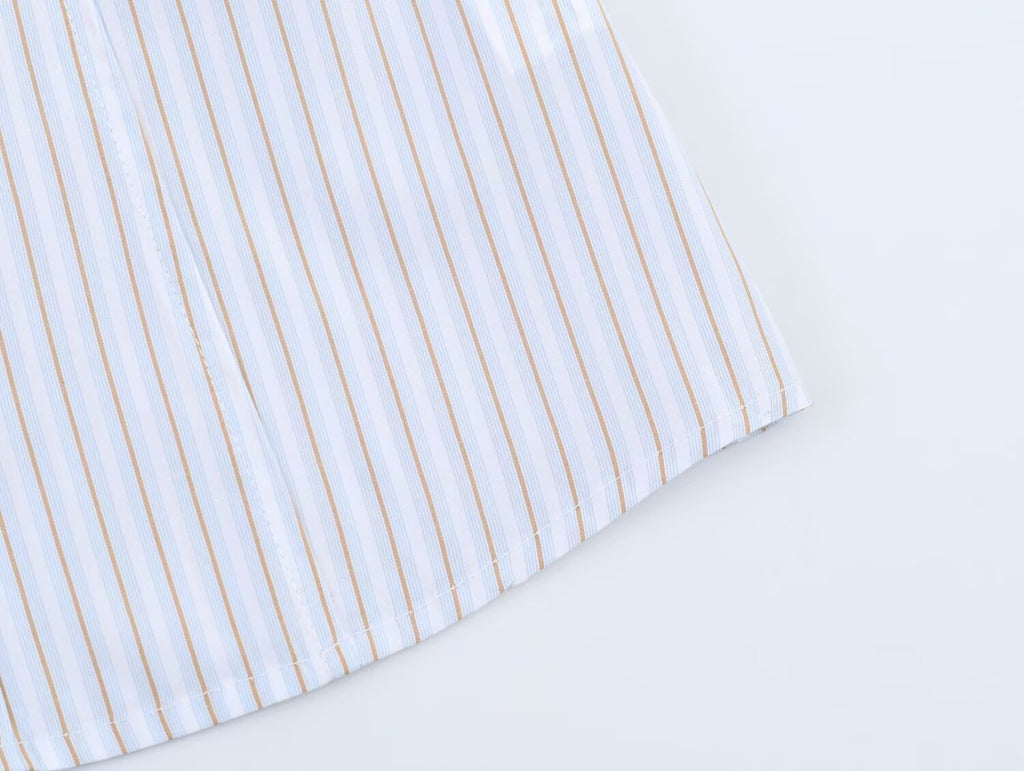 Women Clothing Summer Puff Sleeve V neck Laminated Decoration Poplin Shirt Short Sleeve