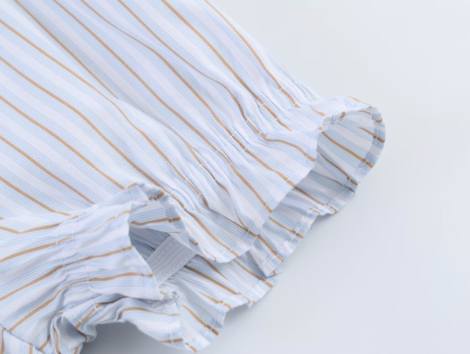 Women Clothing Summer Puff Sleeve V neck Laminated Decoration Poplin Shirt Short Sleeve