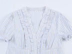 Women Clothing Summer Puff Sleeve V neck Laminated Decoration Poplin Shirt Short Sleeve