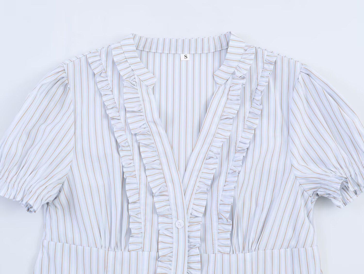 Women Clothing Summer Puff Sleeve V neck Laminated Decoration Poplin Shirt Short Sleeve