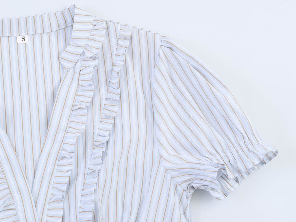 Women Clothing Summer Puff Sleeve V neck Laminated Decoration Poplin Shirt Short Sleeve