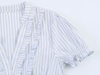 Women Clothing Summer Puff Sleeve V neck Laminated Decoration Poplin Shirt Short Sleeve