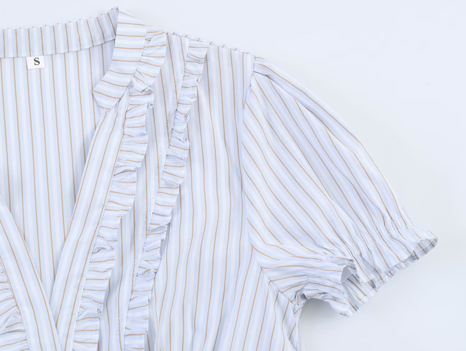 Women Clothing Summer Puff Sleeve V neck Laminated Decoration Poplin Shirt Short Sleeve