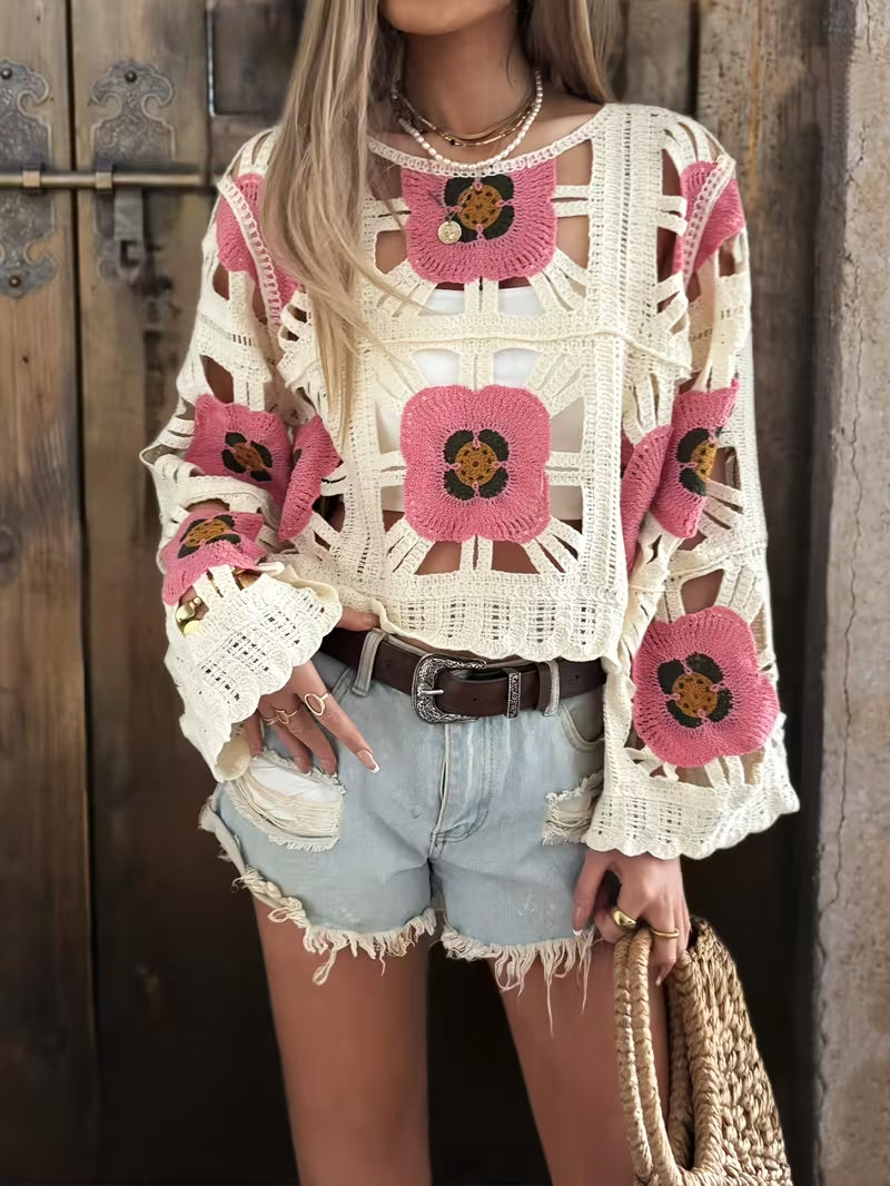Women Summer Open Knit Crochet Floral Pattern Short Sleeved