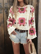Women Summer Open Knit Crochet Floral Pattern Short Sleeved