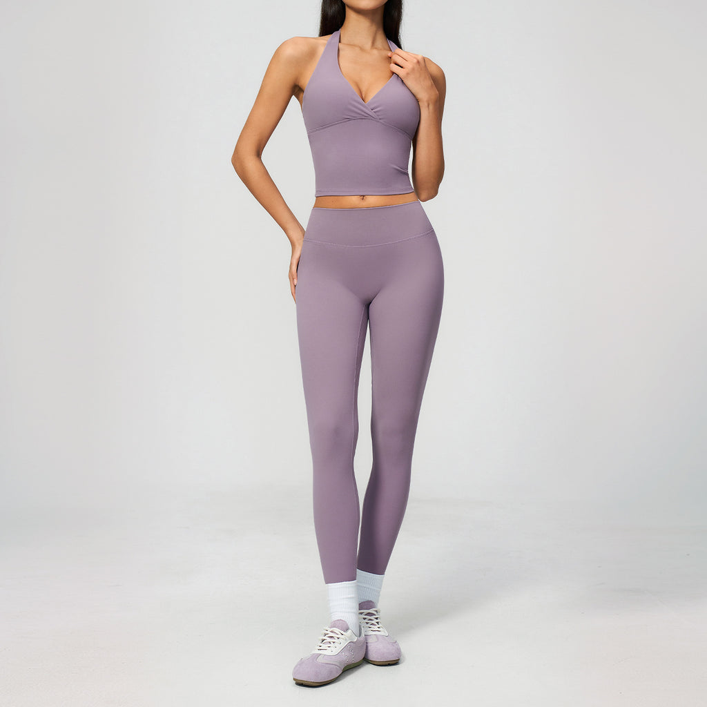 Cream Yoga Clothes Brushed Deep V Plunge Halter High Waist Slim Fit Hip Raise Exercise Yoga Clothes Women