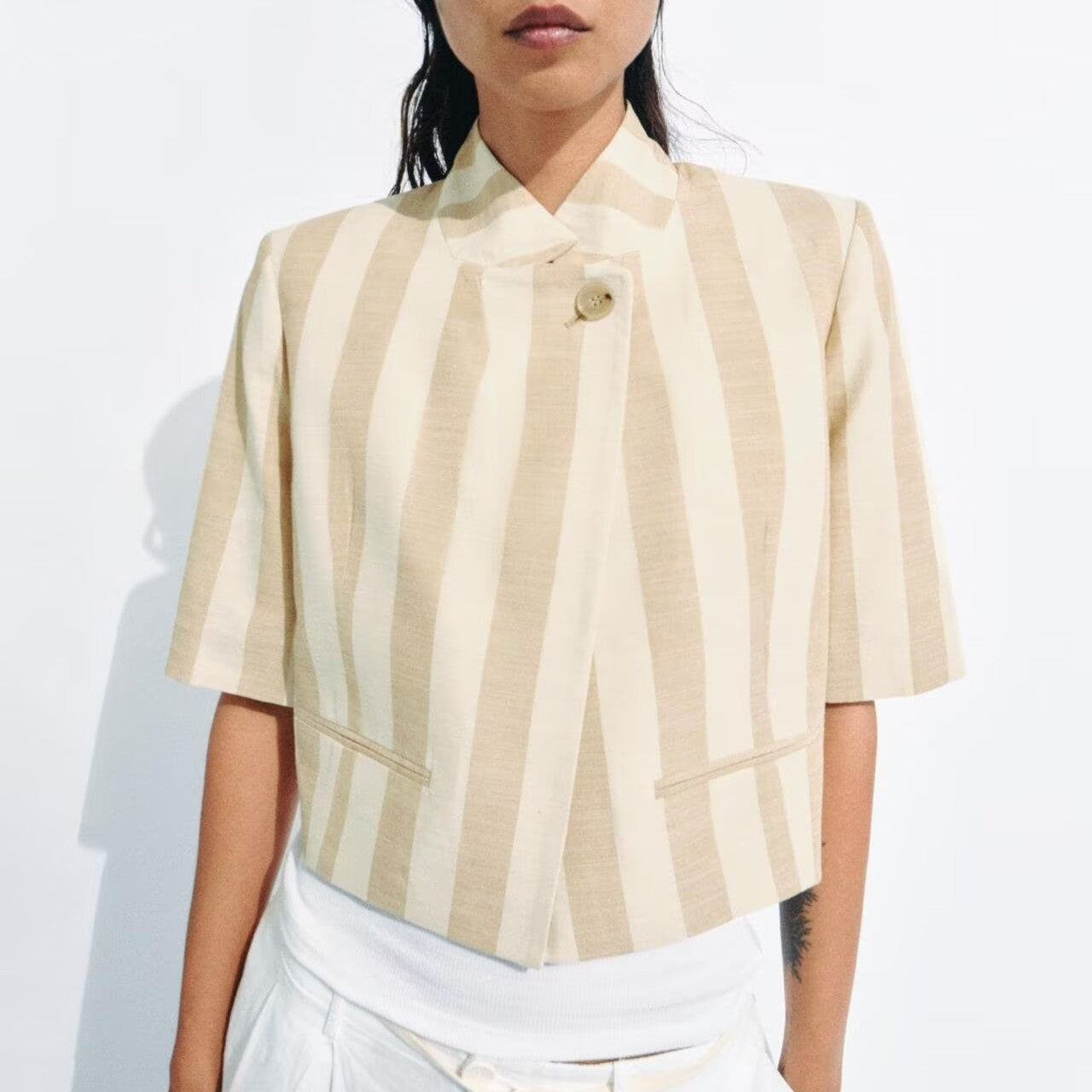Summer Idle Milk Apricot Vertical Striped Top Blazers
