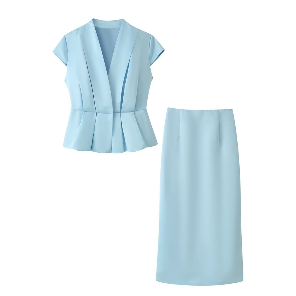 Summer Women Clothing Satin Pinch Pleated Top Satin Pinch Pleated Slim Fit Skirt Sets