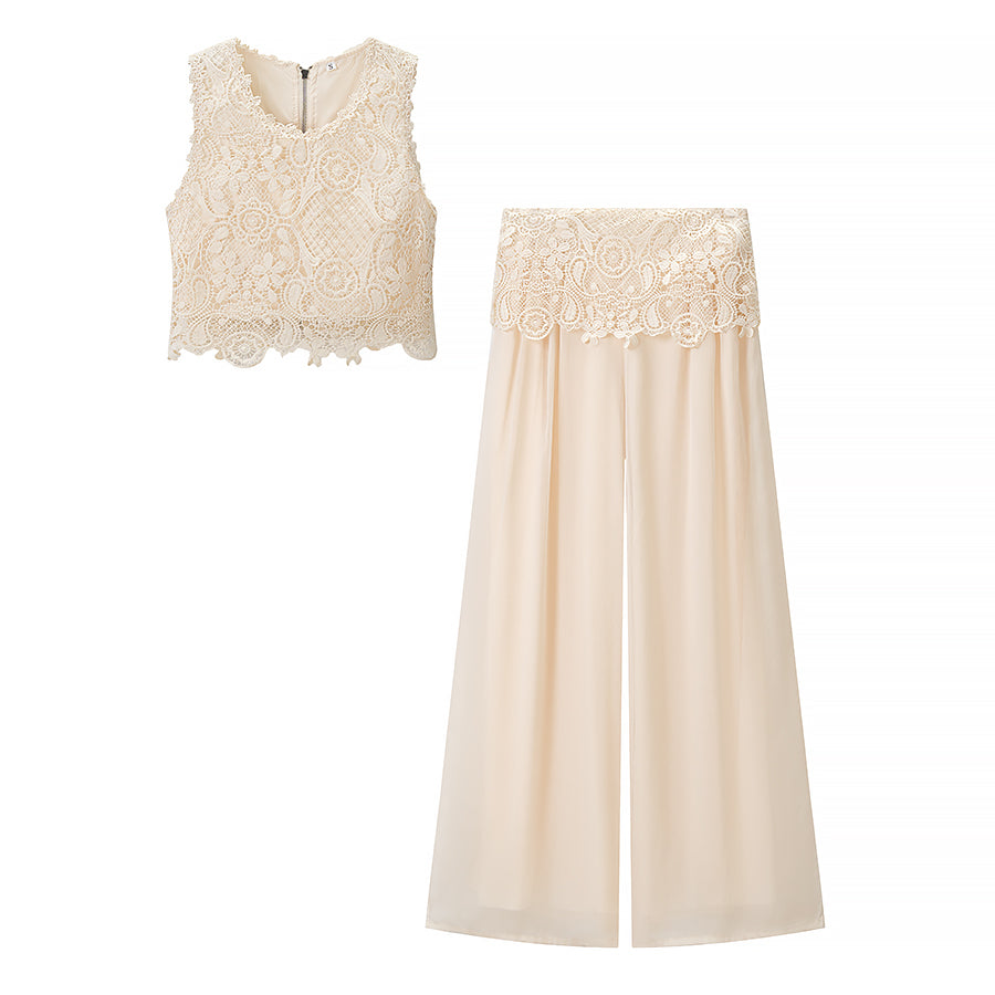 Women Clothing French Romantic Aura All Match Lace Top Pants Sets