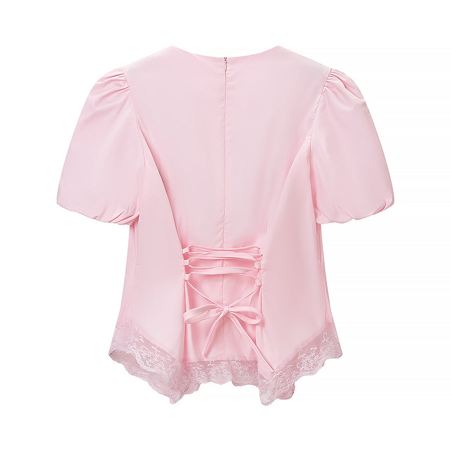 Women Clothing Top Casual Bud Edge Puff Sleeve Short Sleeve