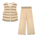 Women Clothing Color Contrast Stitching Vest Top Wide Leg Pant Sets