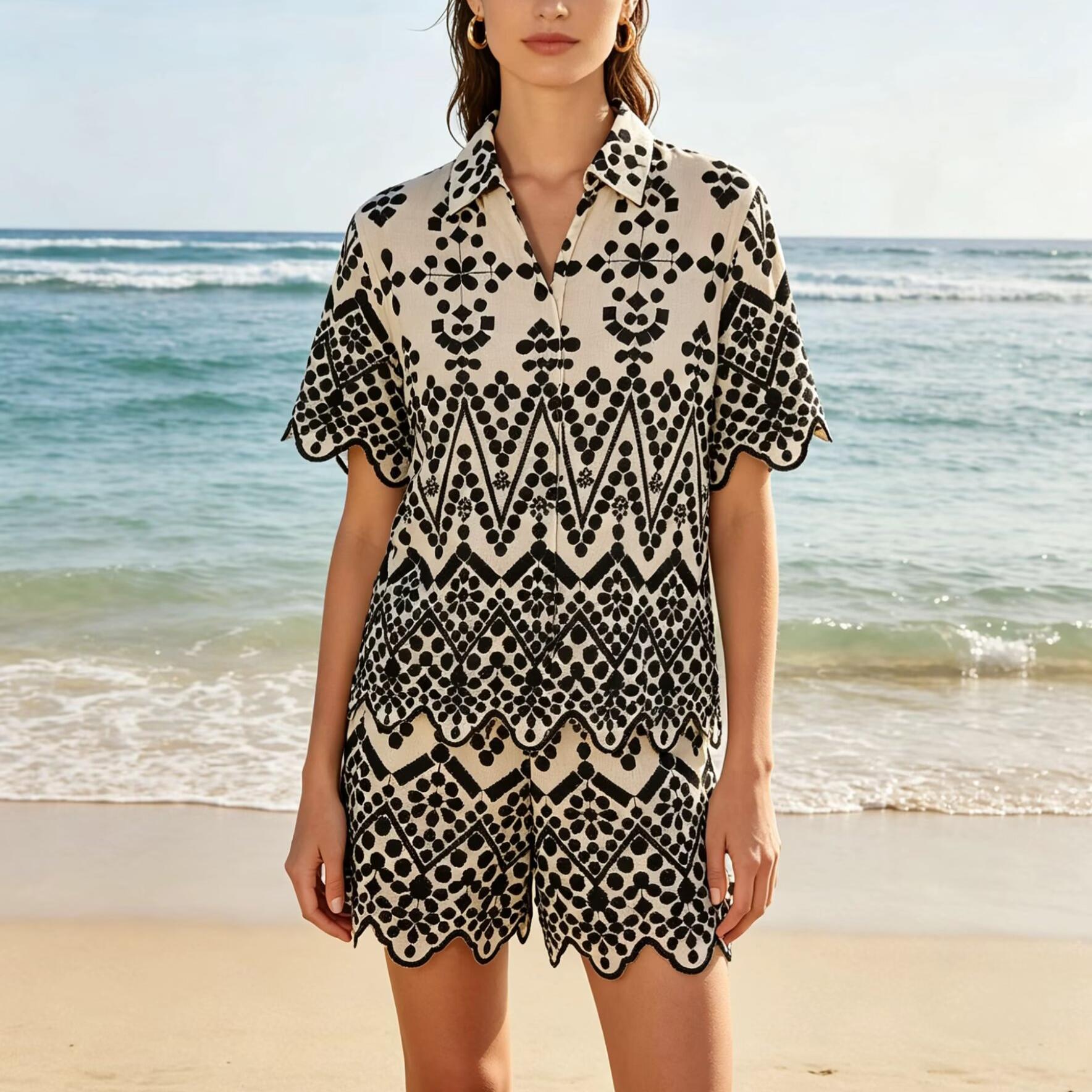 Summer Color Block Embroidery Shirt Embroidered Shorts Sets