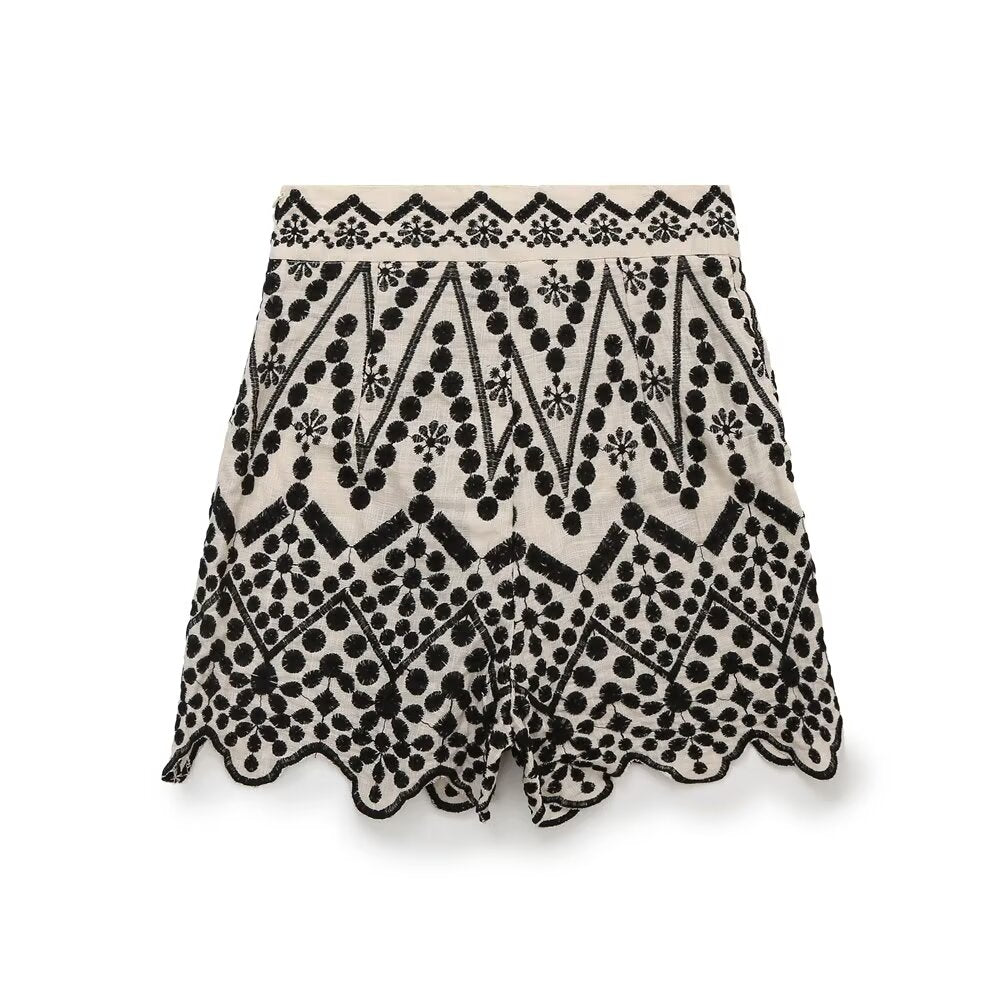 Summer Color Block Embroidery Shirt Embroidered Shorts Sets