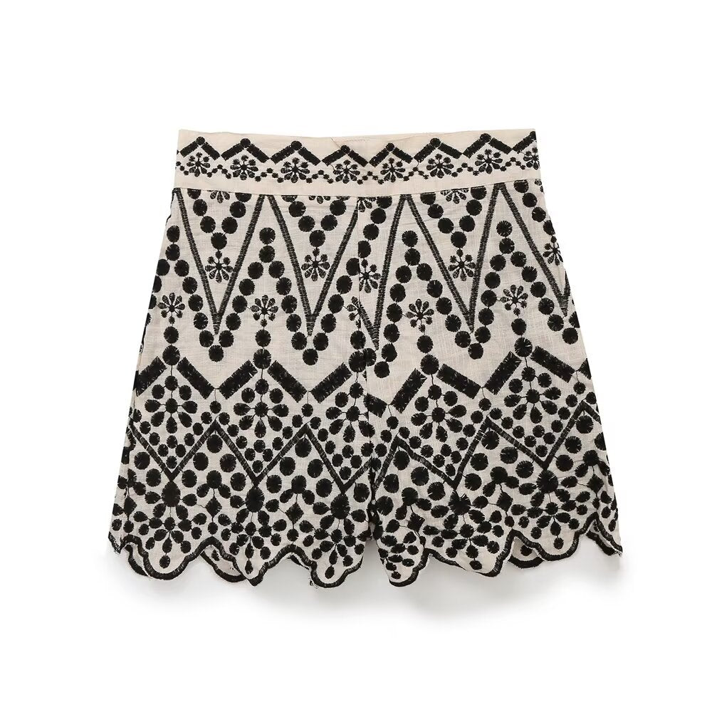 Summer Color Block Embroidery Shirt Embroidered Shorts Sets