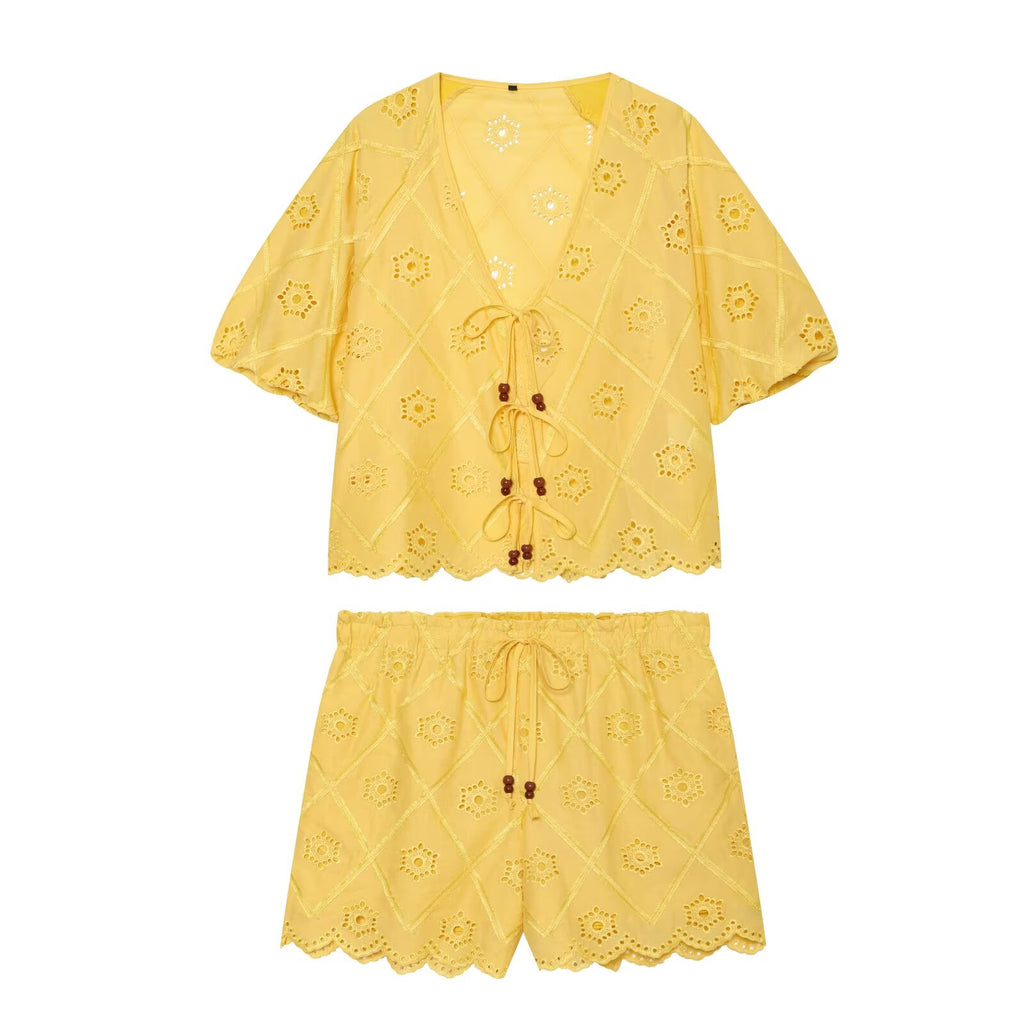Women Solid Color Summer Embroidered Short Sets