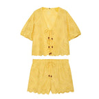 Women Solid Color Summer Embroidered Short Sets