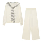 Women Clothing Summer Casual Simple Striped Patchwork Top Knitwear Wide Leg Pants