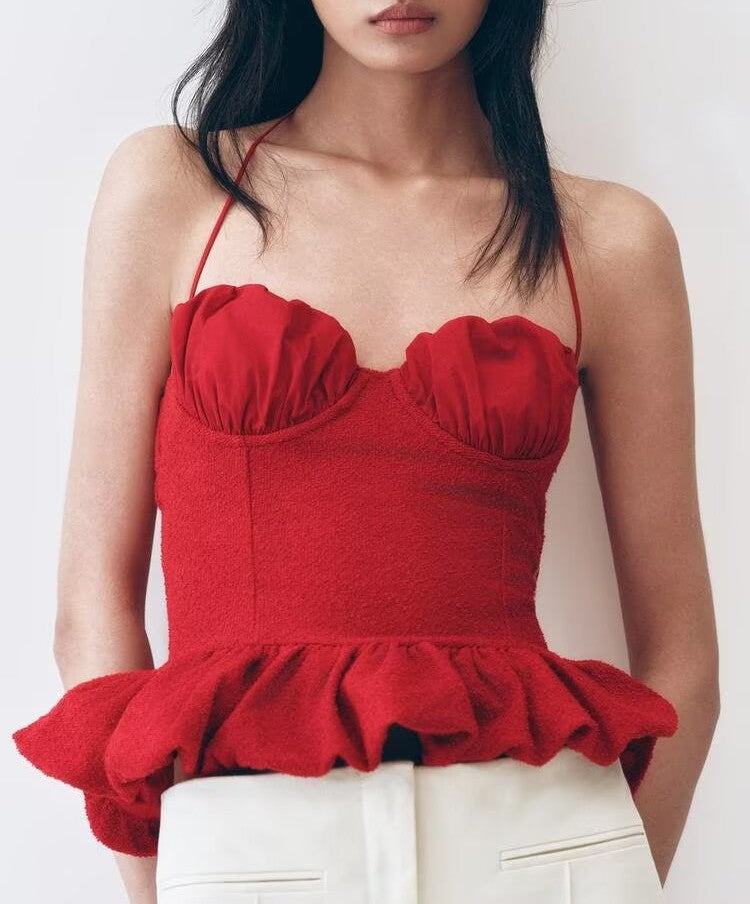Elegant Women Clothing Bead Leather Patchwork Top Sling