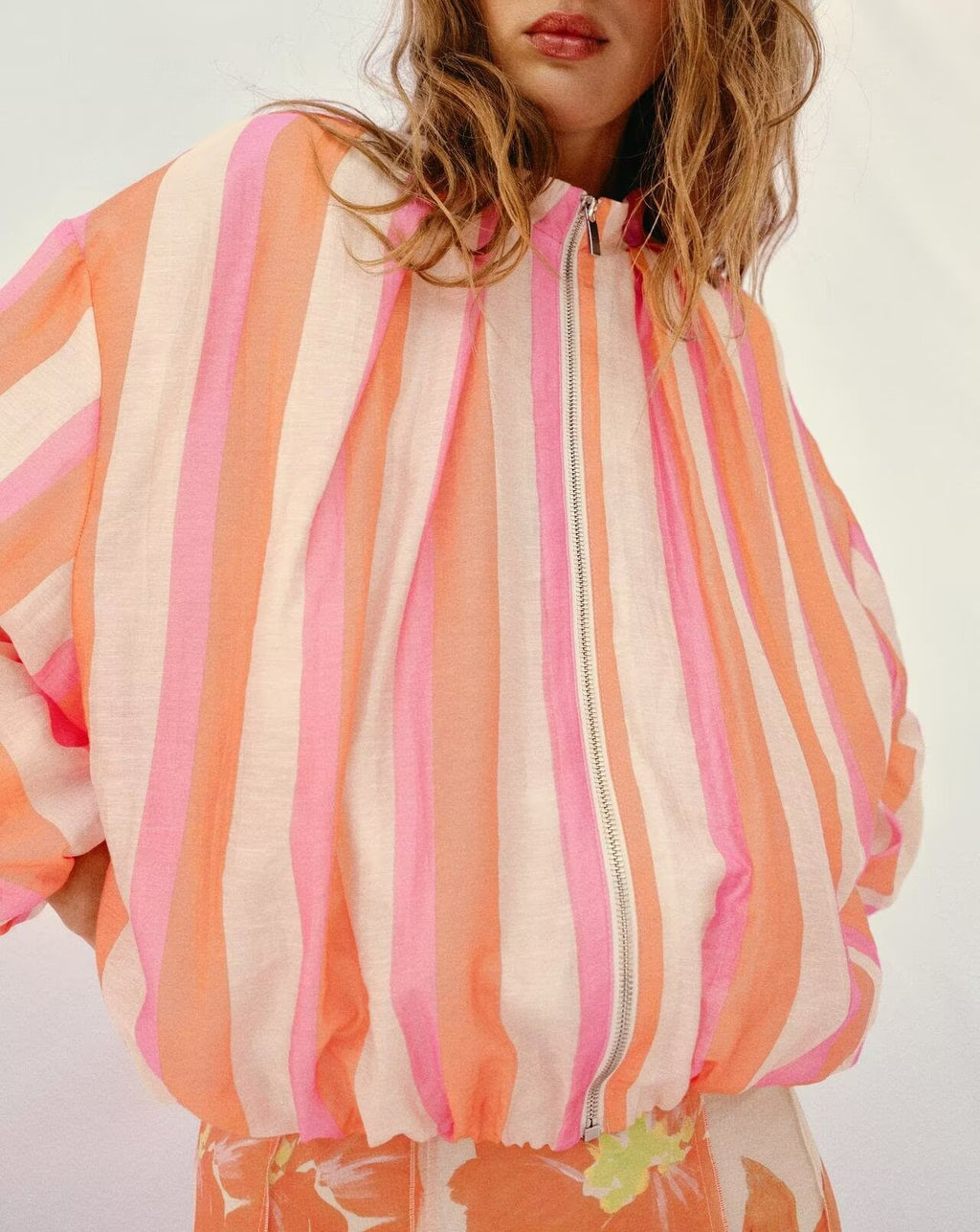 Women Clothing Stand Collar Long Sleeve Striped Bomber Jacket