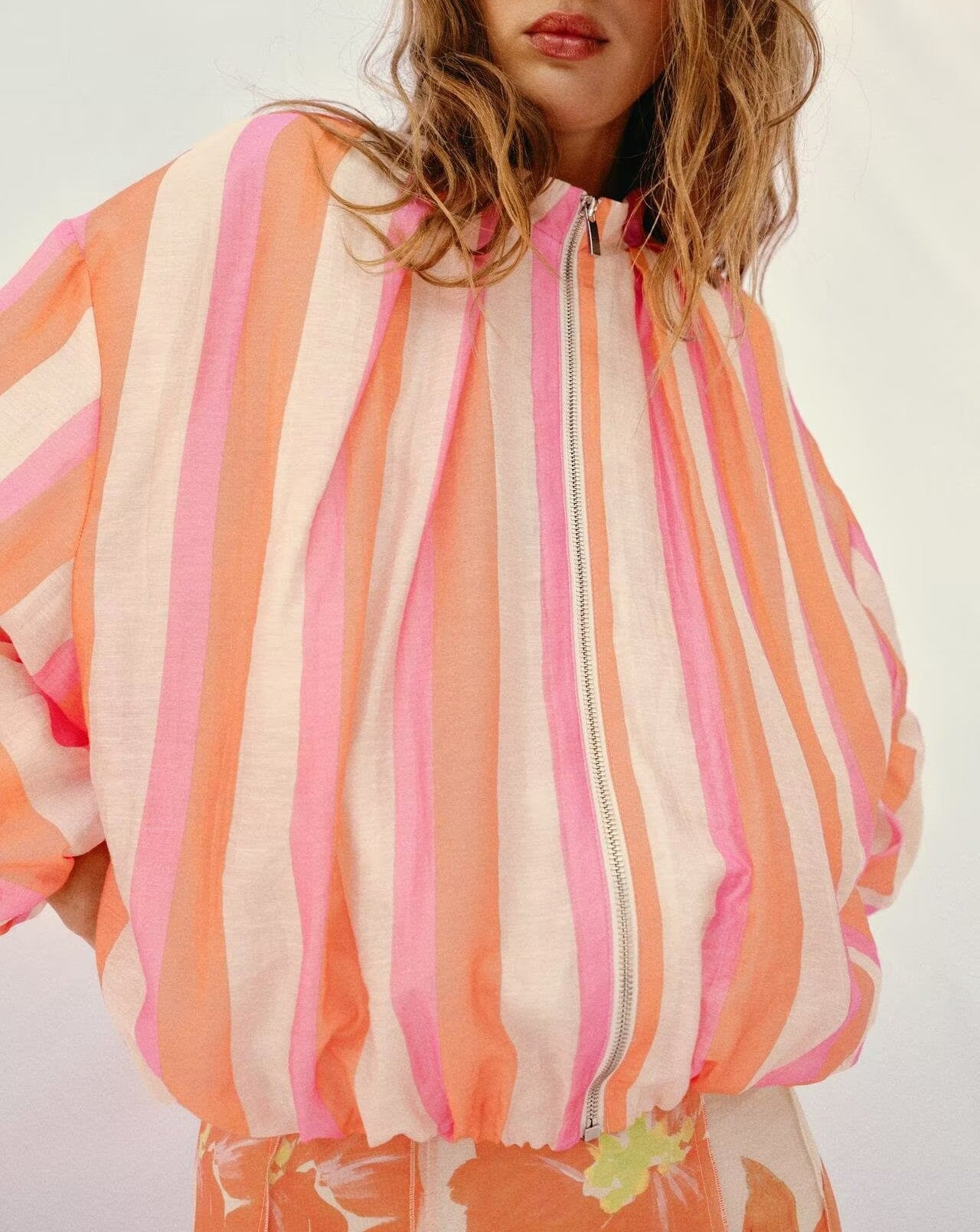 Women Clothing Stand Collar Long Sleeve Striped Bomber Jacket