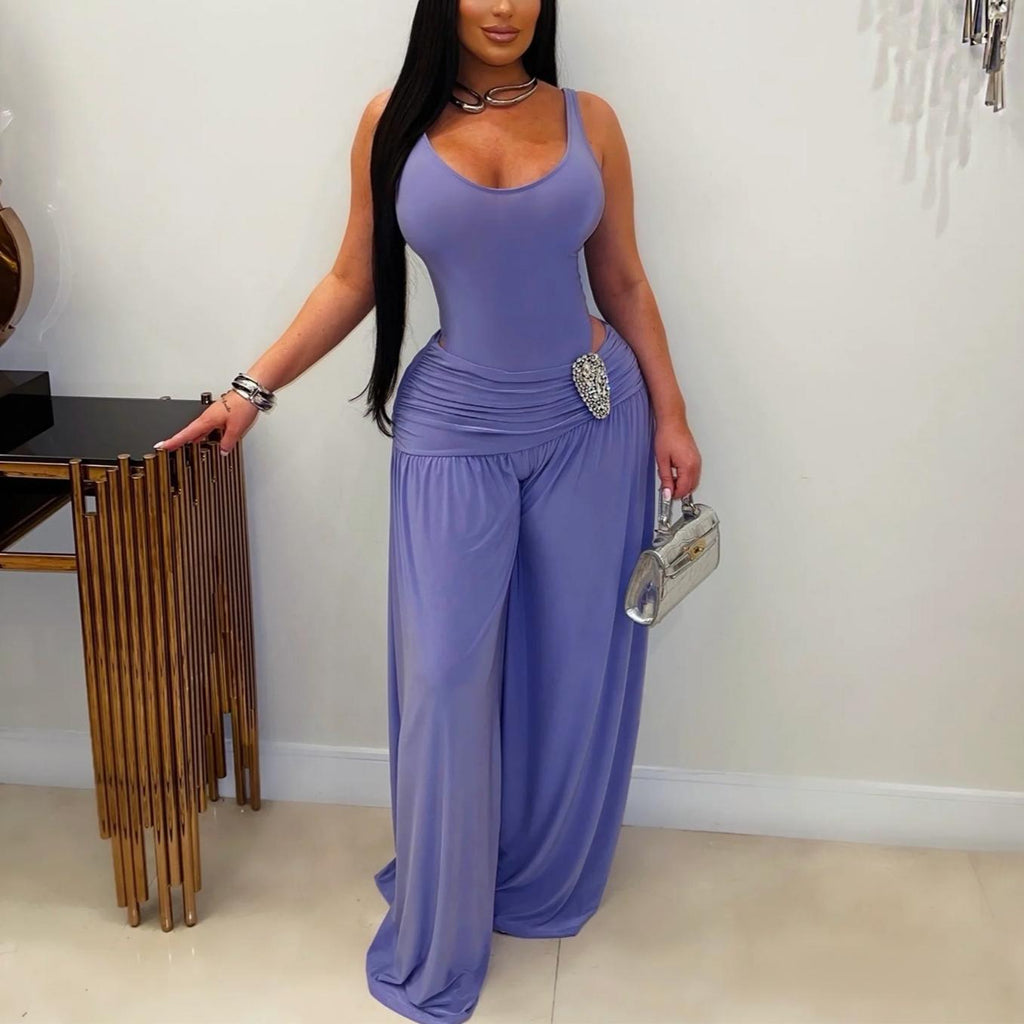 Women Clothing Solid Color U Collar High Waist Slim Fit Wide Legged Pants Sexy Casual Jumpsuit